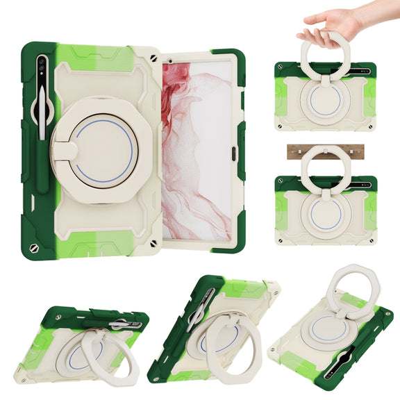 For Samsung Galaxy Tab S9+ Armor Portable Rotating Ring Holder Silicone Tablet Case(Colorful Green)