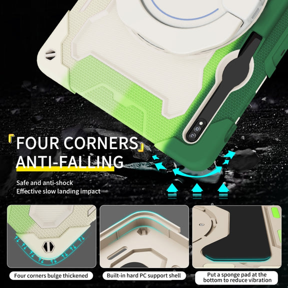 For Samsung Galaxy Tab S9+ Armor Portable Rotating Ring Holder Silicone Tablet Case(Colorful Green)