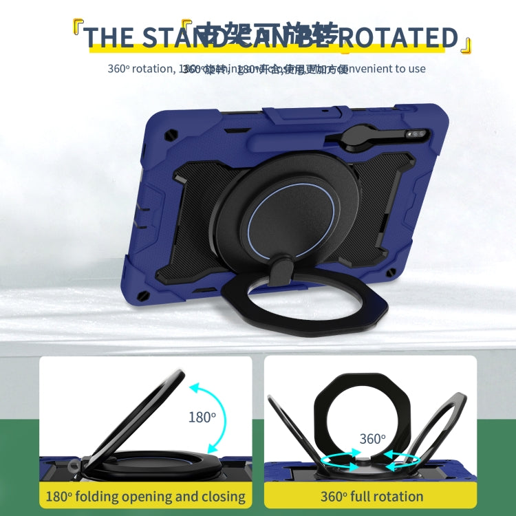 For Samsung Galaxy Tab S9+ Armor Portable Rotating Ring Holder Silicone Tablet Case(Navy Blue)