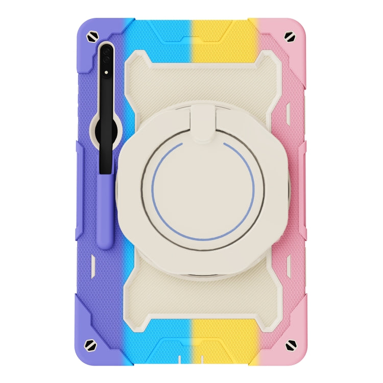 For Samsung Galaxy Tab S9 Ultra Armor Portable Rotating Ring Holder Silicone Tablet Case(Colorful Pink)