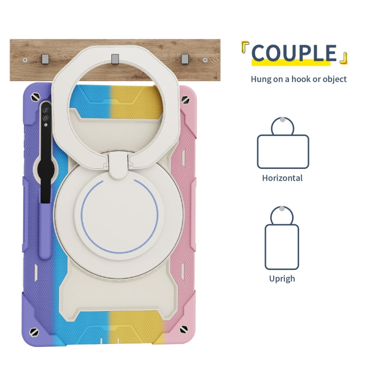 For Samsung Galaxy Tab S9 Ultra Armor Portable Rotating Ring Holder Silicone Tablet Case(Colorful Pink)