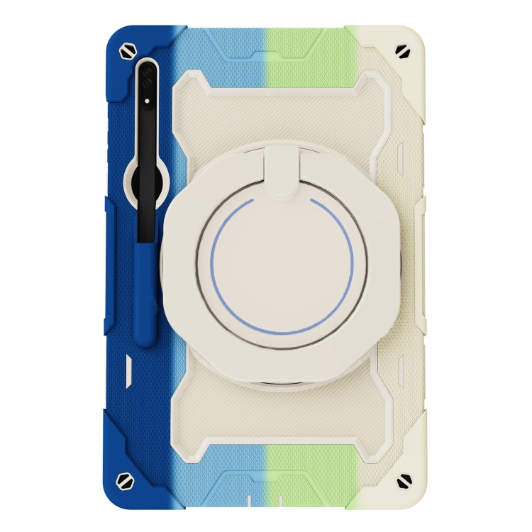 For Samsung Galaxy Tab S9 Ultra Armor Portable Rotating Ring Holder Silicone Tablet Case(Colorful Blue)