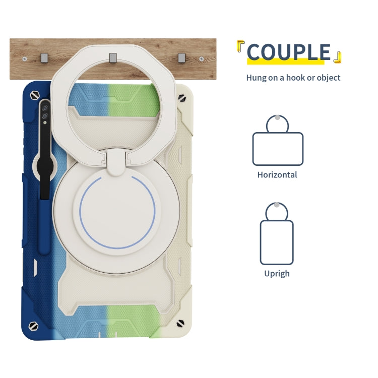 For Samsung Galaxy Tab S9 Ultra Armor Portable Rotating Ring Holder Silicone Tablet Case(Colorful Blue)