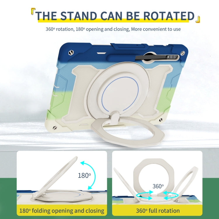 For Samsung Galaxy Tab S9 Ultra Armor Portable Rotating Ring Holder Silicone Tablet Case(Colorful Blue)