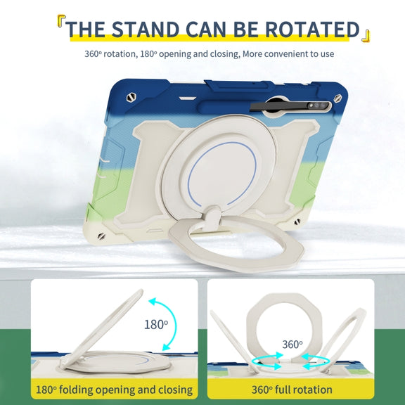 For Samsung Galaxy Tab S9 Ultra Armor Portable Rotating Ring Holder Silicone Tablet Case(Colorful Blue)