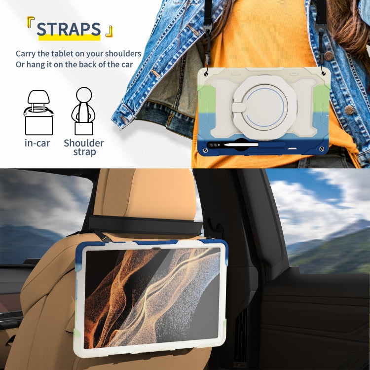 For Samsung Galaxy Tab S9 Ultra Armor Portable Rotating Ring Holder Silicone Tablet Case(Colorful Blue)