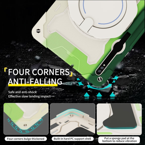 For Samsung Galaxy Tab S9 Ultra Armor Portable Rotating Ring Holder Silicone Tablet Case(Colorful Green)