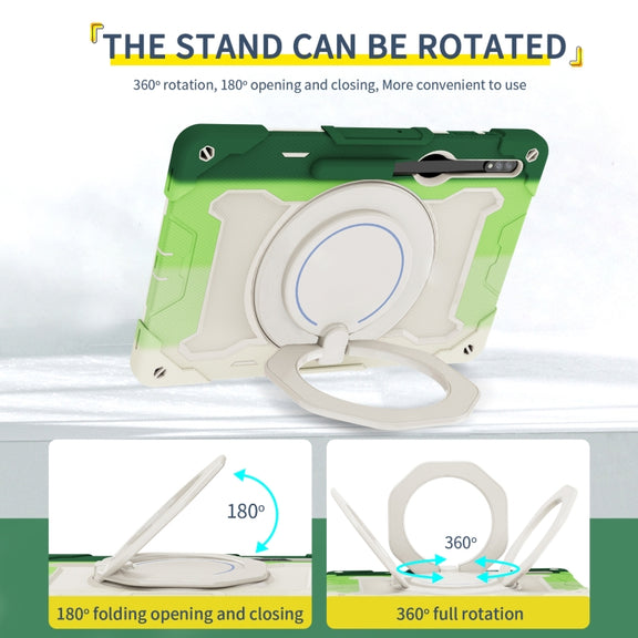 For Samsung Galaxy Tab S9 Ultra Armor Portable Rotating Ring Holder Silicone Tablet Case(Colorful Green)