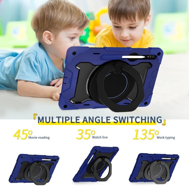 For Samsung Galaxy Tab S9 Ultra Armor Portable Rotating Ring Holder Silicone Tablet Case(Navy Blue)