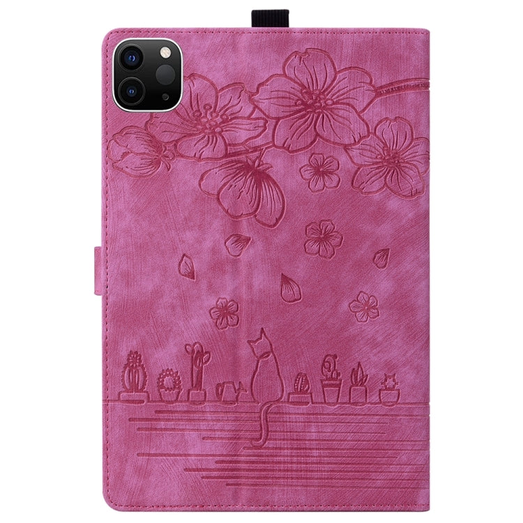For iPad Pro 11 2024 Cartoon Sakura Cat Embossed Smart Leather Tablet Case(Rose Red)