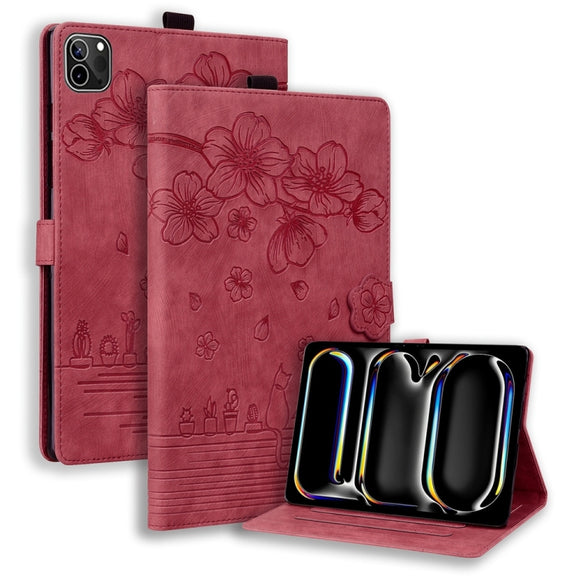 For iPad Pro 11 2024 Cartoon Sakura Cat Embossed Smart Leather Tablet Case(Red)