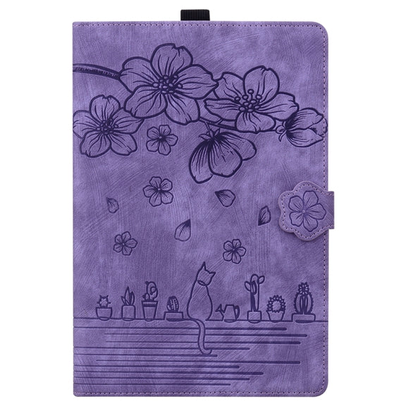 For iPad Pro 11 2024 Cartoon Sakura Cat Embossed Smart Leather Tablet Case(Purple)
