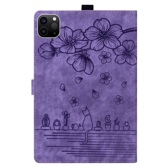 For iPad Pro 11 2024 Cartoon Sakura Cat Embossed Smart Leather Tablet Case(Purple)