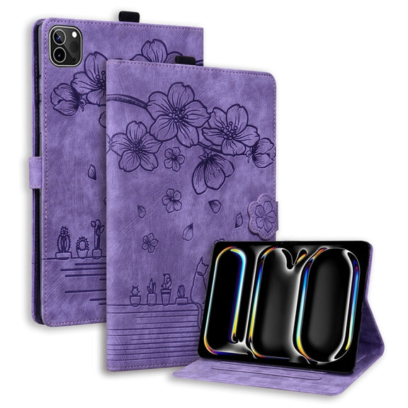 For iPad Pro 11 2024 Cartoon Sakura Cat Embossed Smart Leather Tablet Case(Purple)