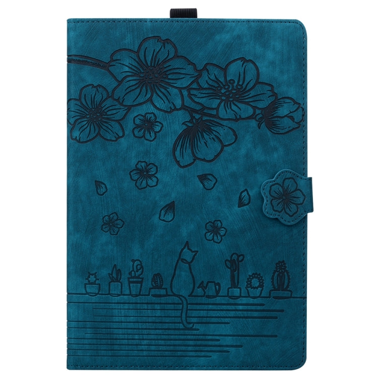 For iPad Pro 11 2024 Cartoon Sakura Cat Embossed Smart Leather Tablet Case(Blue)