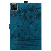 For iPad Pro 11 2024 Cartoon Sakura Cat Embossed Smart Leather Tablet Case(Blue)