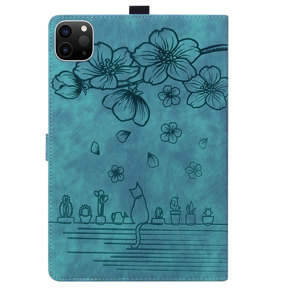 For iPad Pro 13 2024 Cartoon Sakura Cat Embossed Smart Leather Tablet Case(Green)