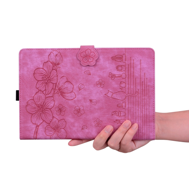 For iPad Pro 13 2024 Cartoon Sakura Cat Embossed Smart Leather Tablet Case(Rose Red)