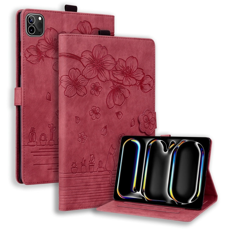For iPad Pro 13 2024 Cartoon Sakura Cat Embossed Smart Leather Tablet Case(Red)