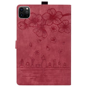 For iPad Pro 13 2024 Cartoon Sakura Cat Embossed Smart Leather Tablet Case(Red)