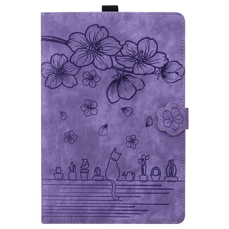 For iPad Pro 13 2024 Cartoon Sakura Cat Embossed Smart Leather Tablet Case(Purple)