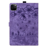 For iPad Pro 13 2024 Cartoon Sakura Cat Embossed Smart Leather Tablet Case(Purple)