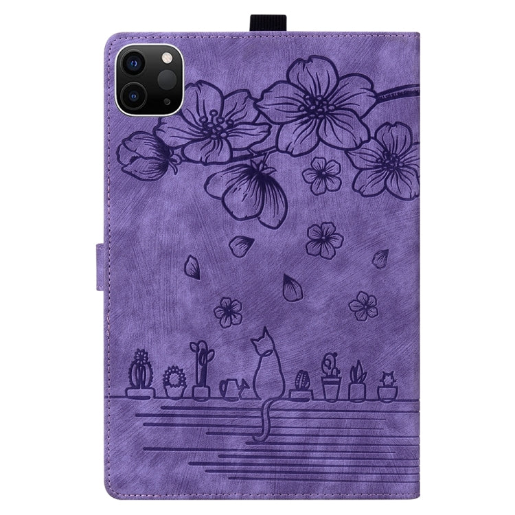 For iPad Pro 13 2024 Cartoon Sakura Cat Embossed Smart Leather Tablet Case(Purple)
