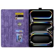For iPad Pro 13 2024 Cartoon Sakura Cat Embossed Smart Leather Tablet Case(Purple)