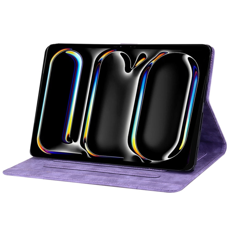 For iPad Pro 13 2024 Cartoon Sakura Cat Embossed Smart Leather Tablet Case(Purple)