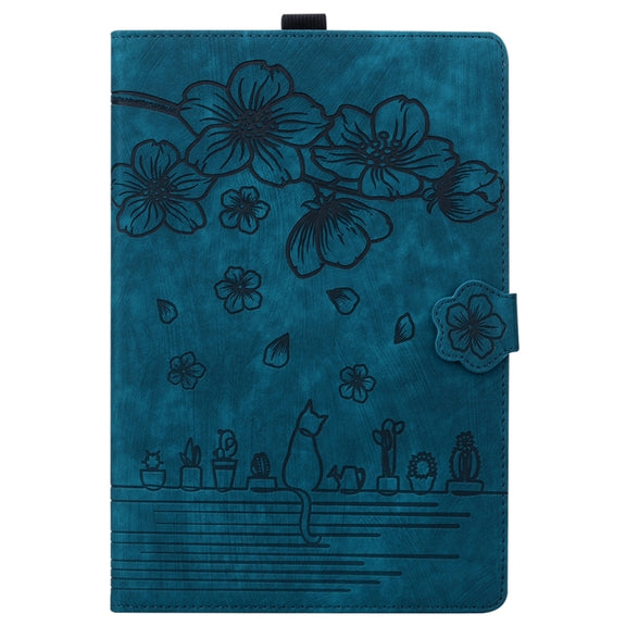 For iPad Pro 13 2024 Cartoon Sakura Cat Embossed Smart Leather Tablet Case(Blue)
