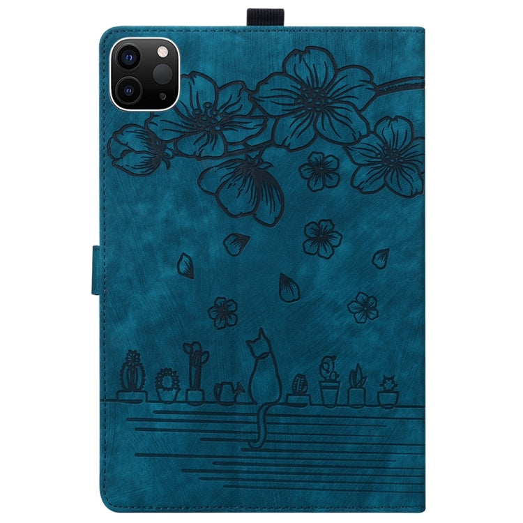 For iPad Pro 13 2024 Cartoon Sakura Cat Embossed Smart Leather Tablet Case(Blue)