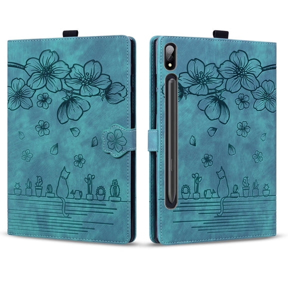 For Samsung Galaxy Tab S9+ /S8+ /S7+ Cartoon Sakura Cat Embossed Smart Leather Tablet Case(Green)