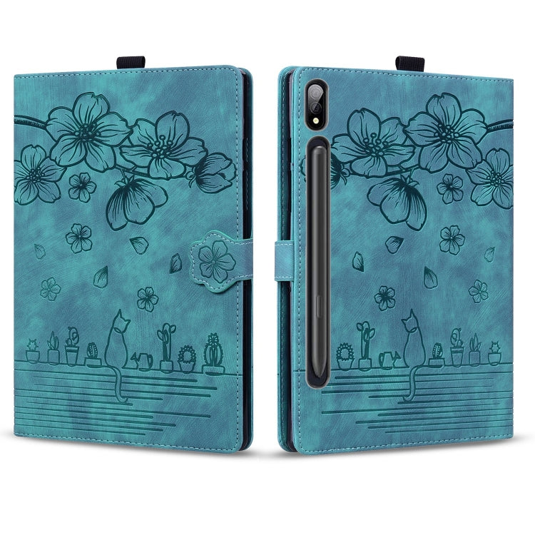 For Samsung Galaxy Tab S9+ /S8+ /S7+ Cartoon Sakura Cat Embossed Smart Leather Tablet Case(Green)