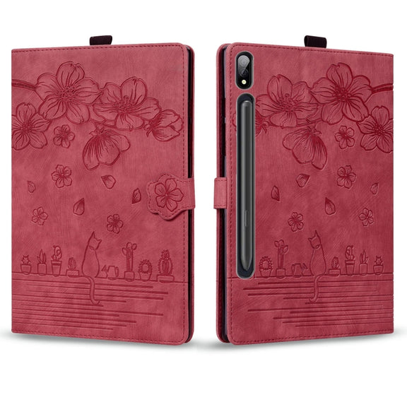 For Samsung Galaxy Tab S9+ /S8+ /S7+ Cartoon Sakura Cat Embossed Smart Leather Tablet Case(Red)