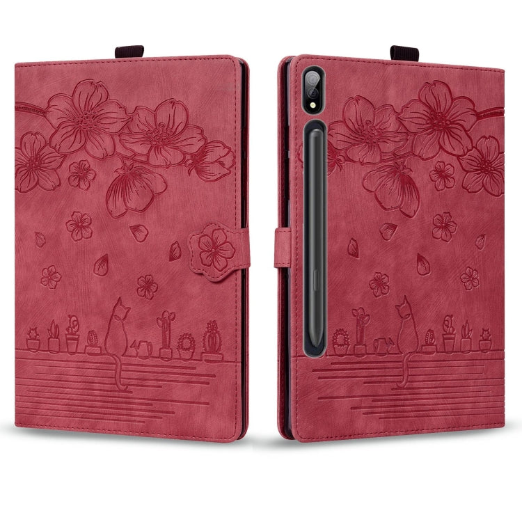 For Samsung Galaxy Tab S9+ /S8+ /S7+ Cartoon Sakura Cat Embossed Smart Leather Tablet Case(Red)