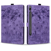 For Samsung Galaxy Tab S11 / S10 / S9 Cartoon Sakura Cat Embossed Smart Leather Tablet Case(Purple)