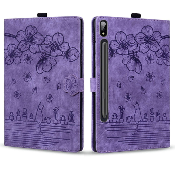 For Samsung Galaxy Tab S11 / S10 / S9 Cartoon Sakura Cat Embossed Smart Leather Tablet Case(Purple)