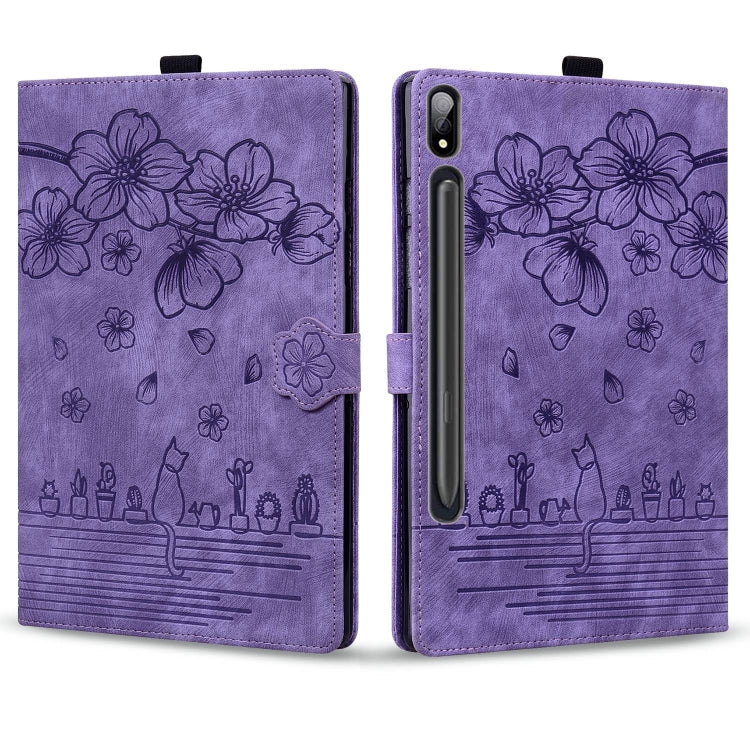 For Samsung Galaxy Tab S11 / S10 / S9 Cartoon Sakura Cat Embossed Smart Leather Tablet Case(Purple)