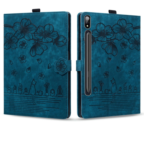 For Samsung Galaxy Tab S9 /S8 /S7 Cartoon Sakura Cat Embossed Smart Leather Tablet Case(Blue)