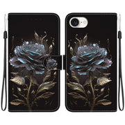 For iPhone 16e Crystal Texture Colored Drawing Leather Phone Case(Black Rose)