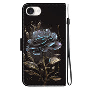 For iPhone 16e Crystal Texture Colored Drawing Leather Phone Case(Black Rose)