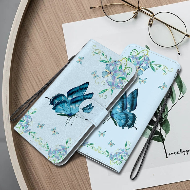 For iPhone 16 Crystal Texture Colored Drawing Leather Phone Case(Blue Pansies)