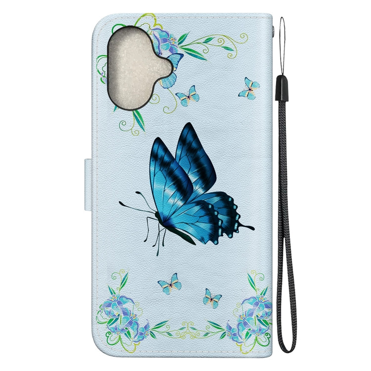 For iPhone 16 Crystal Texture Colored Drawing Leather Phone Case(Blue Pansies)