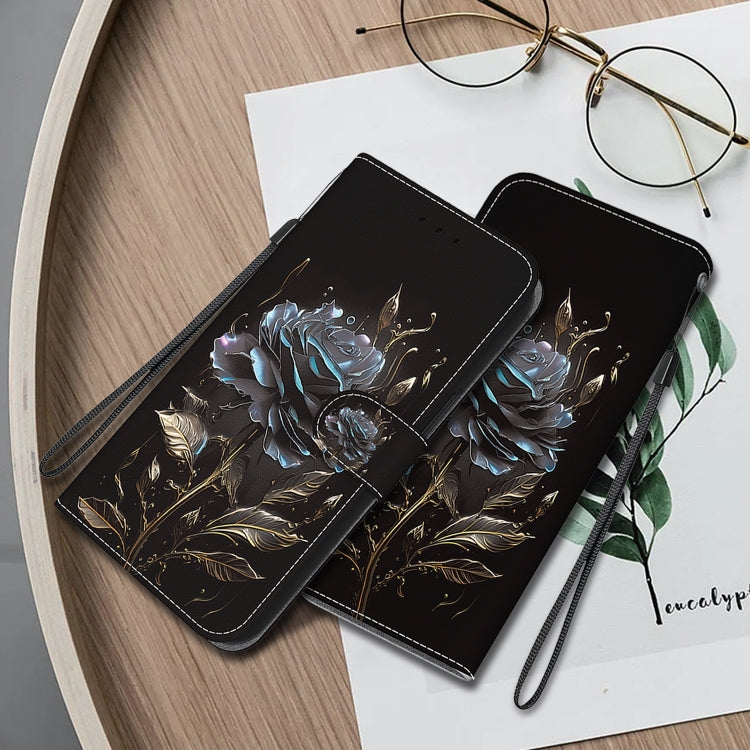 For iPhone 16 Pro Crystal Texture Colored Drawing Leather Phone Case(Black Rose)