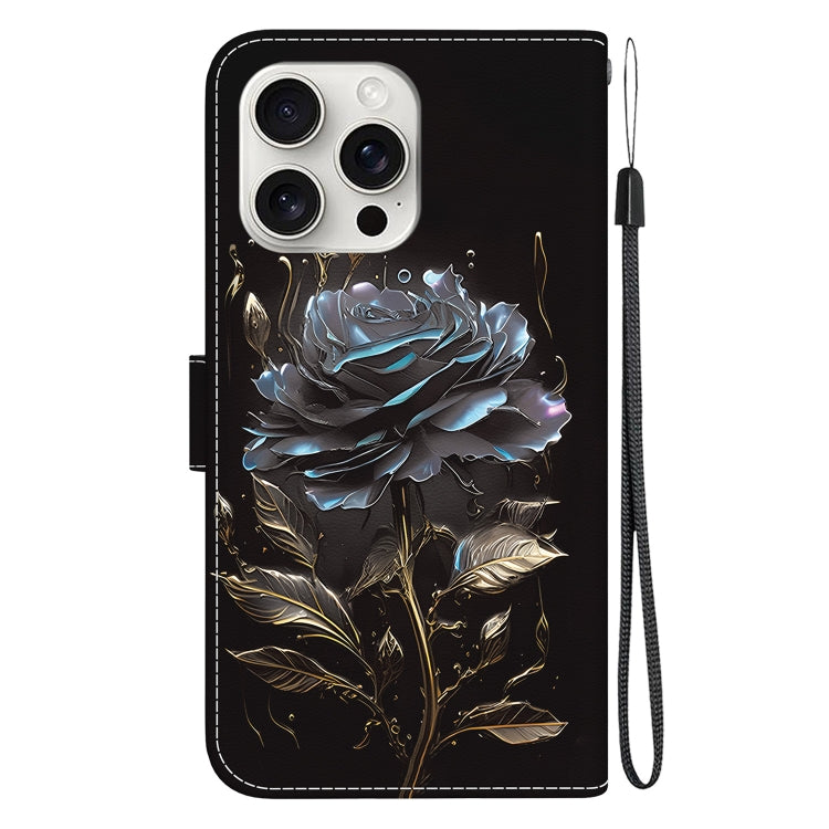 For iPhone 16 Pro Crystal Texture Colored Drawing Leather Phone Case(Black Rose)