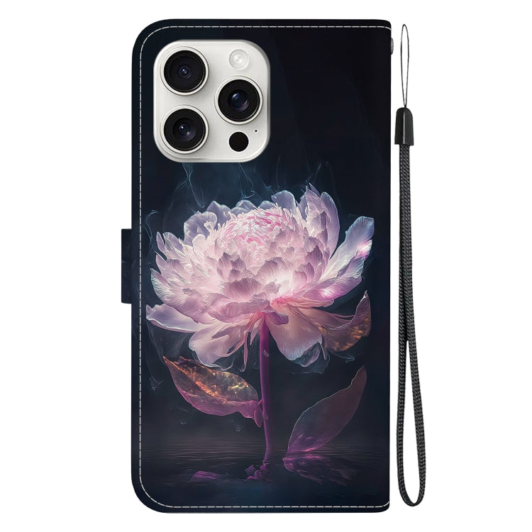 For iPhone 16 Pro Max Crystal Texture Colored Drawing Leather Phone Case(Purple Peony)