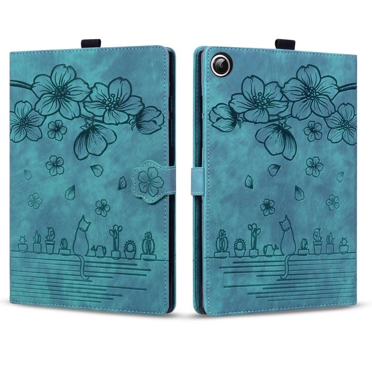 For Samsung Galaxy Tab A9+ Cartoon Sakura Cat Embossed Leather Tablet Case(Green)