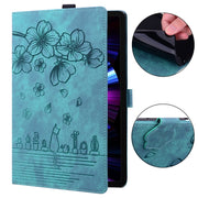 For Samsung Galaxy Tab A9+ Cartoon Sakura Cat Embossed Leather Tablet Case(Green)
