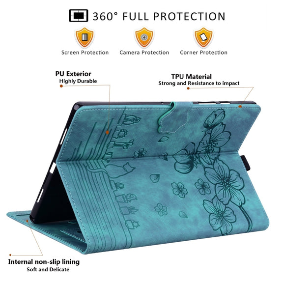 For Samsung Galaxy Tab A9+ Cartoon Sakura Cat Embossed Leather Tablet Case(Green)