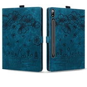 For Samsung Galaxy Tab S9 Ultra /S8 Ultra Cartoon Sakura Cat Embossed Leather Tablet Case(Blue)